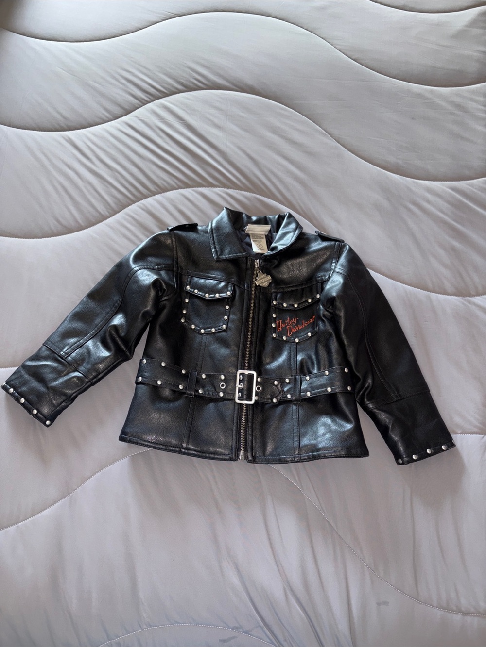 Harley-Davidson Girl Black Studded Embroidered Faux Leather Jacket EUC 4T